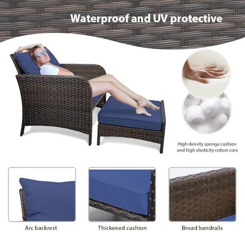 LEVELEVE Balcony Furniture 5 Piece Patio Conversation Set, PE Wicker Rattan Outdoor Lounge Chairs with Soft Cushions 2 Ottoman&Glass Table for Porch, Lawn-Brown Wicker