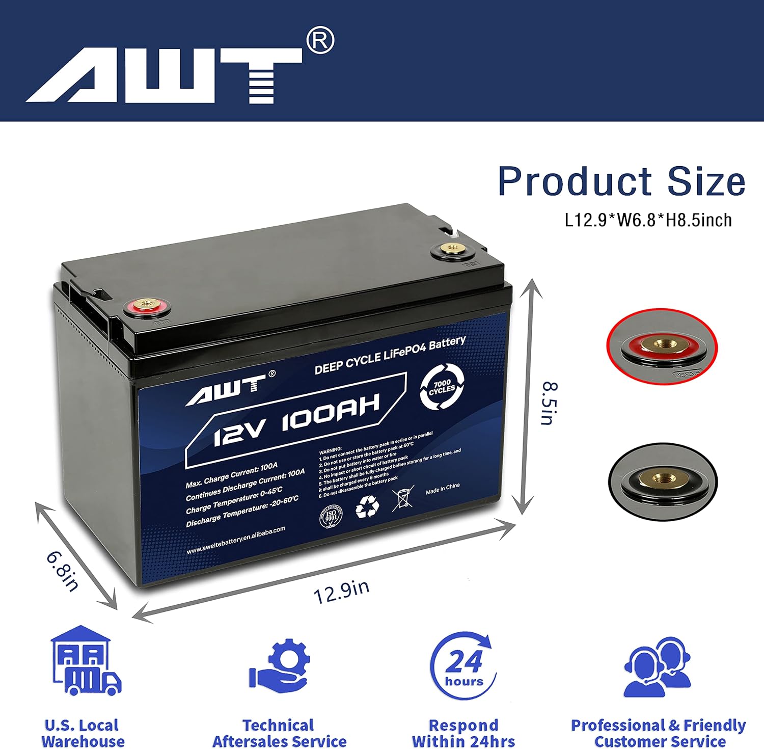 AWT 12V 100Ah Deep Cycle Lithium Battery, 20 Years Service Life (7000+ Cycles), Built-in 100A BMS Rechargeable Lifepo4 Battery for RV, Solar, Marine, Overland, Camping, Off-Grid Applications