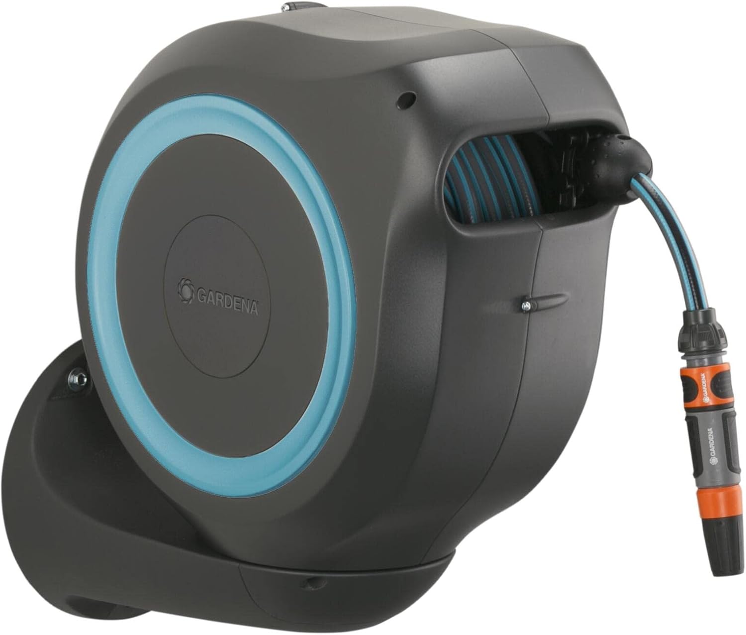 Gardena Wall Mounted Retractable hose reel. 65 Ft with Automatic Rewind, 180 Degree Swivel Bracket and any Length hose Lock. Made in Europe