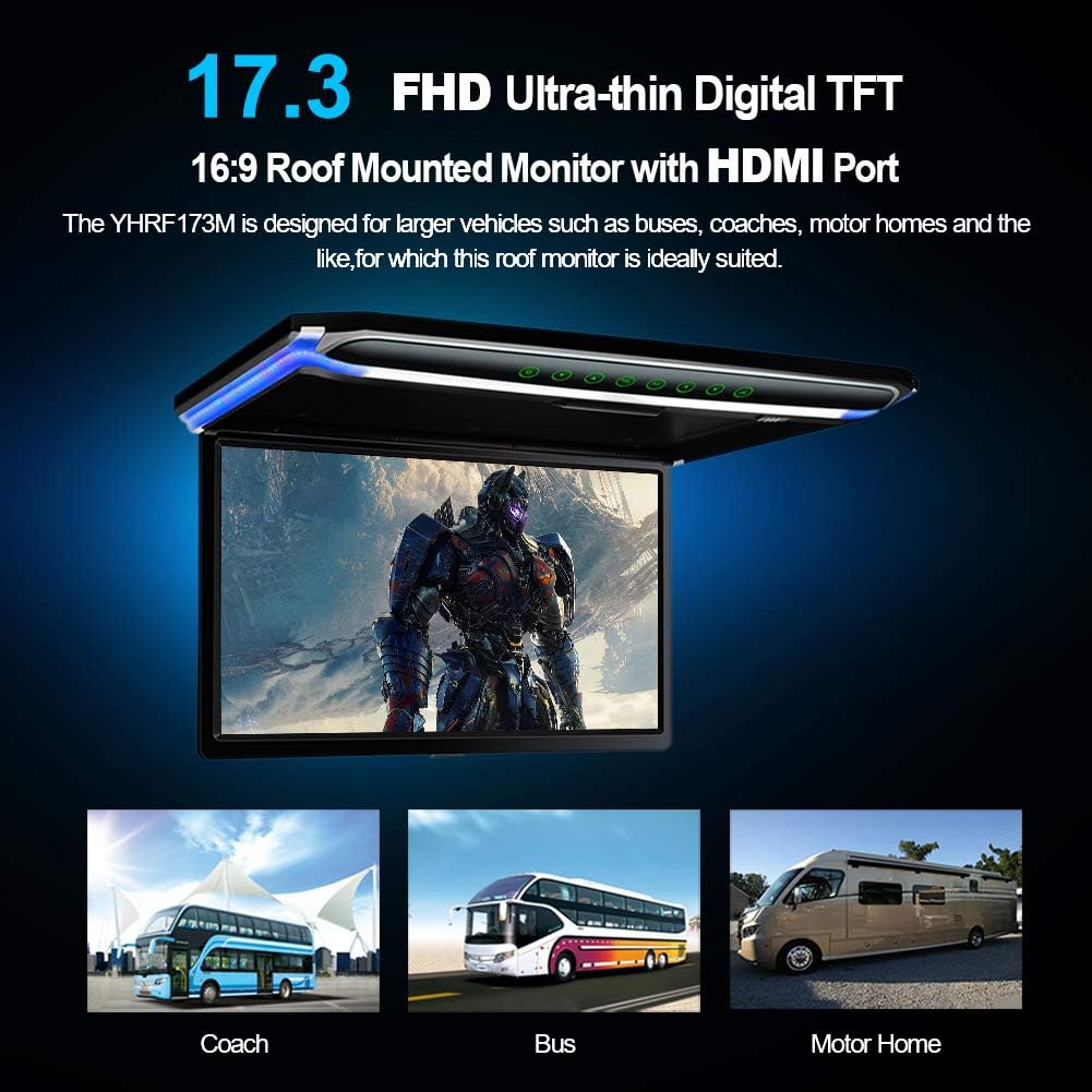 17.3 Car Overhead Flip Down Monitor Screen Dispaly 1080P Video HD Digital TFT Screen Wide Screen Ultra-Thin Mounted Car Roof Player HDMI IR FM USB SD