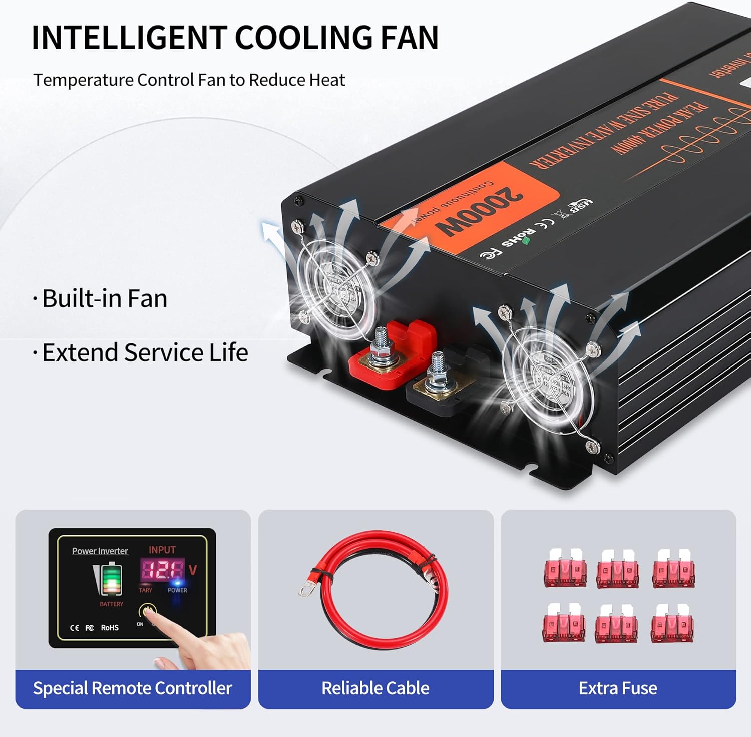Power Inverter, 2000W Pure Sine Wave Inverter DC 12V to AC 120V Car Inverter with LCD Digital Display Remote Control USB Port Power Converter for Travel/Camping