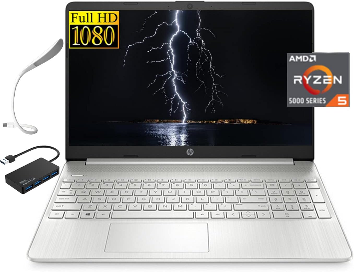 HP 15.6" FHD Laptop Computer, AMD Ryzen 5-5500 (Beat i5-10500) 6-Cores Processor, 16GB RAM, 512GB SSD, HD Webcam, HDMI, Bluetooth, Wi-fi, Windows 10, Silver + TSBEAU 3.0 Hub & USB LED Light