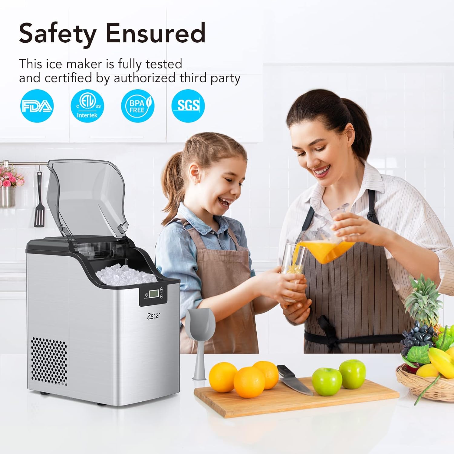 Nugget Ice Maker, Stainless Steel Countertop Ice Machine with 44Lbs/24H Output, Crunchy Sonic Ice Maker Machine, Self-Cleaning Portable Ice Maker with Freestanding Ice Scoop for Home,Office,Bar