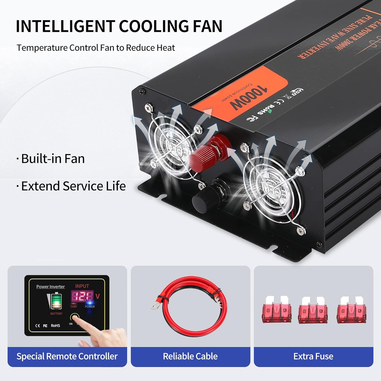 Power Inverter, 2000W Pure Sine Wave Inverter DC 12V to AC 120V Car Inverter with LCD Digital Display Remote Control USB Port Power Converter for Travel/Camping