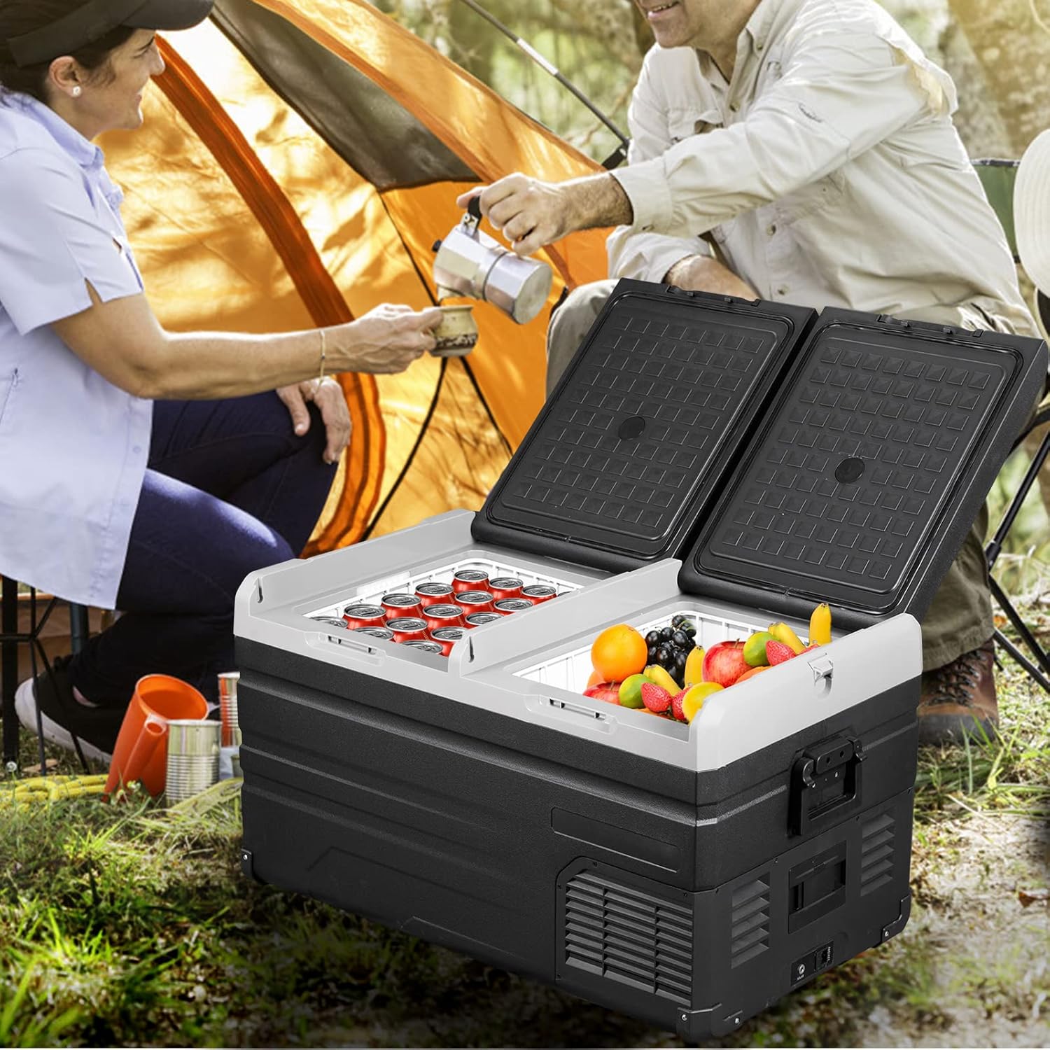 VEVOR 12 Volt Refrigerator 48Qt, Dual Zone Car Fridge Freezer w/App Control & Wheels 12/24V DC & 110-240V AC Electric Compressor Cooler for Truck Vehicle RV Boat Outdoor & Home Use, -4℉-68℉ Black