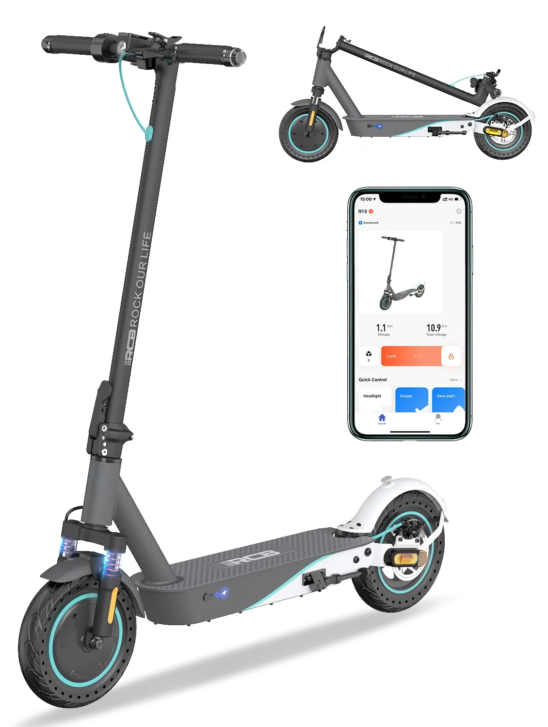 RCB Electric Scooter with 10 Solid Tires, 500W Motor up to 19mph and 22 miles Range, Folding Electric Scooter for Adults, Gray