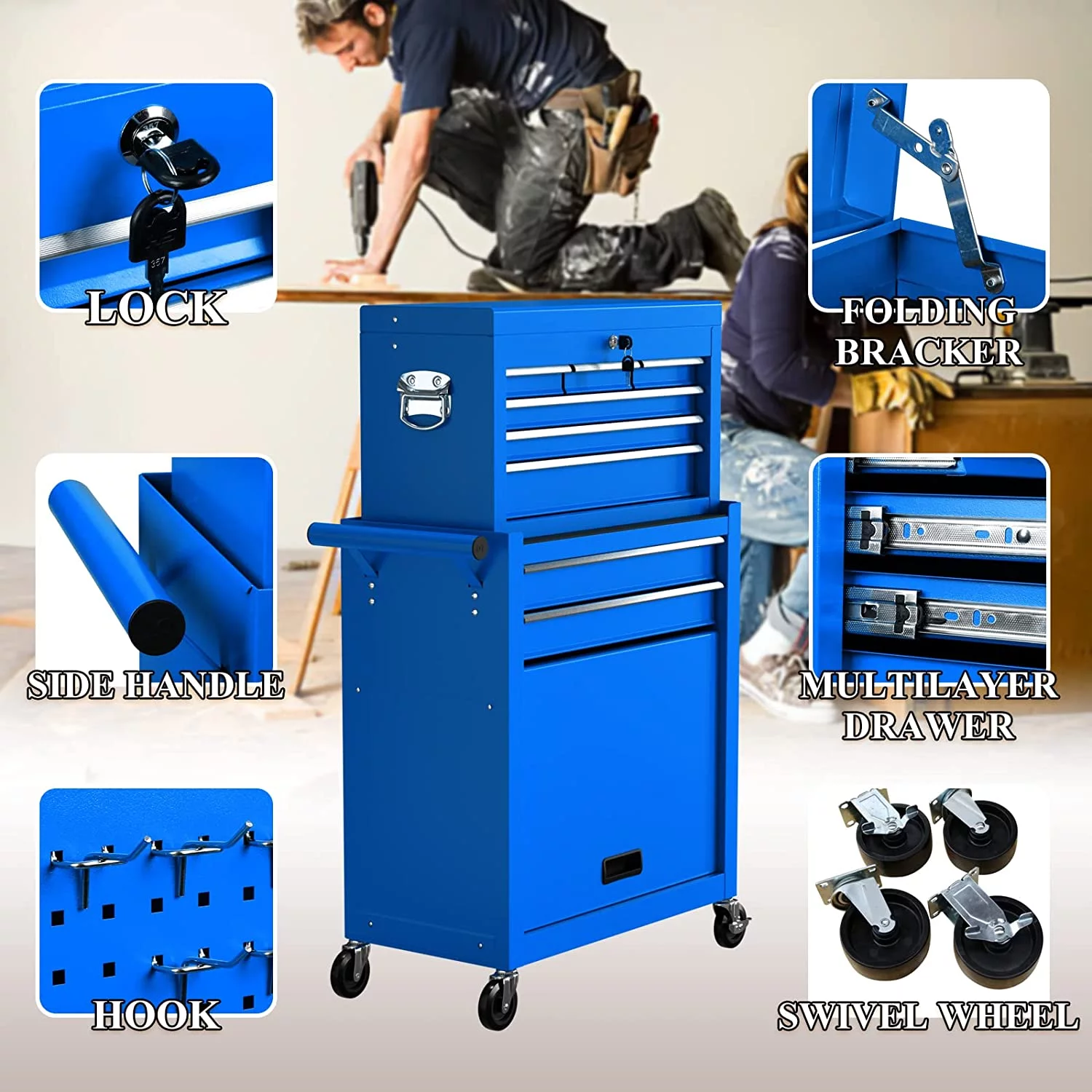 Rolling Tool Chest with Wheels and 8 Drawers, Detachable Large Toolbox Storage Cabinet with Lock,Locking Mechanic Tool Cart for Warehouse, Workshop,Garage,Blue