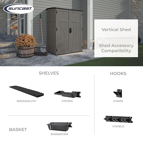 Suncast 54 Cubic Ft. Vertical Resin Outdoor Storage Shed with Lockable Double Doors, Weather-Resistant Multi-Wall Panels, Customizable Shelving, Stoney, Made in the USA