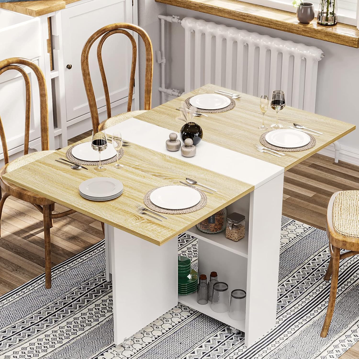 Folding Dinner Table with 6 Casters, Drop Leaf Dining Table with Storage Shelves, Folding Kitchen Table for Small Apartments, Pear Wood Color and White