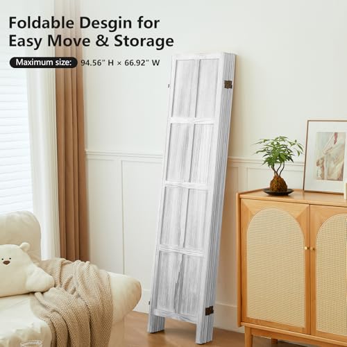 Wood Room Divider 4 Panel, 5.6 FT Tall Room Divider and Folding Privacy Screen, Partition Divider for Room Separation, Wooden Wall Divider Screen for Home Office Bedroom (Retro White)