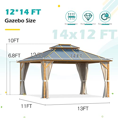 YOLENY 10' x 12' Hardtop Gazebo, Wood-Looking Gazebo with Galvanized Steel Double Roof, Aluminum Frame, Permanent Metal Pavilion with Netting and Curtains for Deck, Backyard, Patio and Lawns