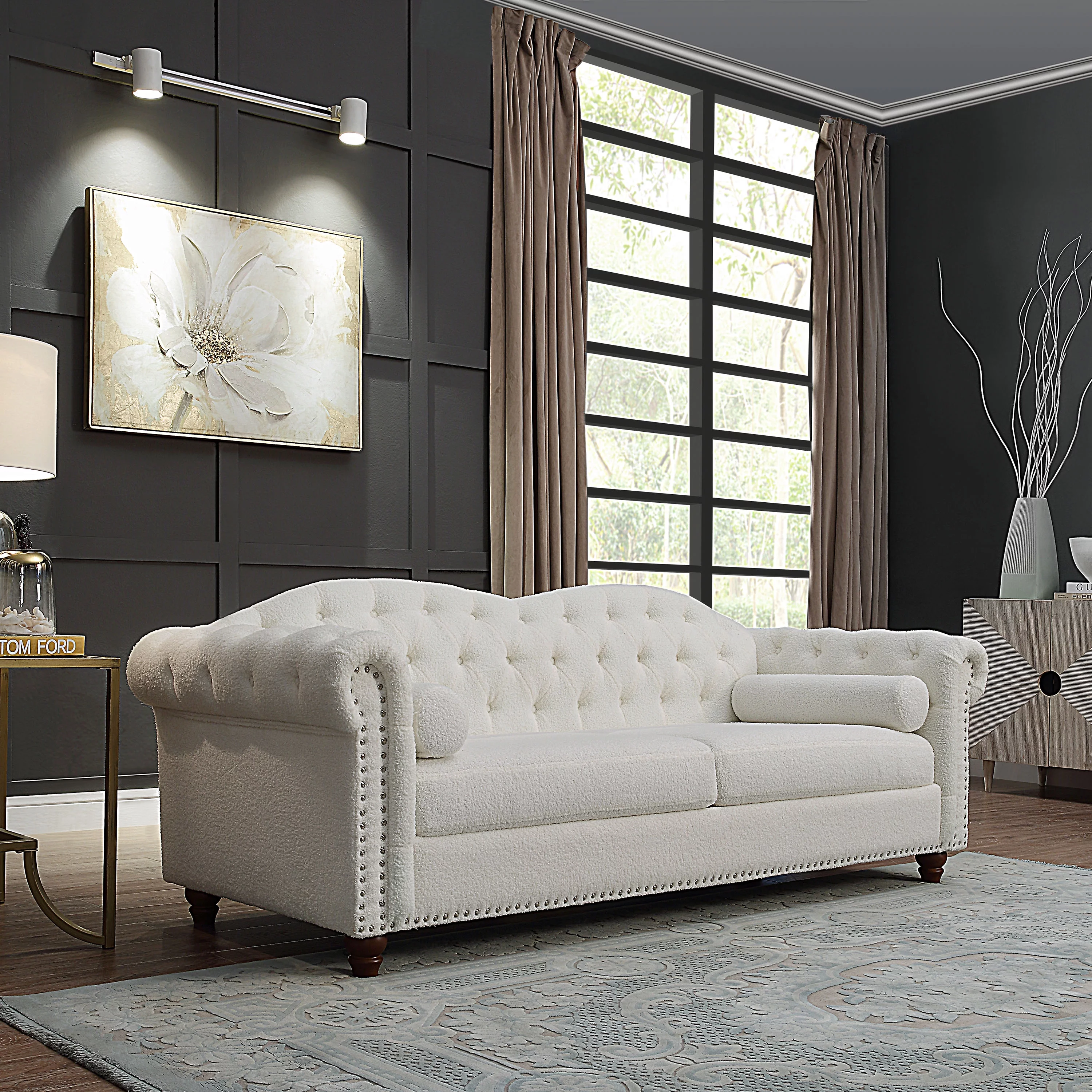 Chesterfield Teddy Velvet Button Tufted Sofa, Upholstered Couch with Nailhead Arms and Rubber Wood Legs for Living Room Office Bedroom
