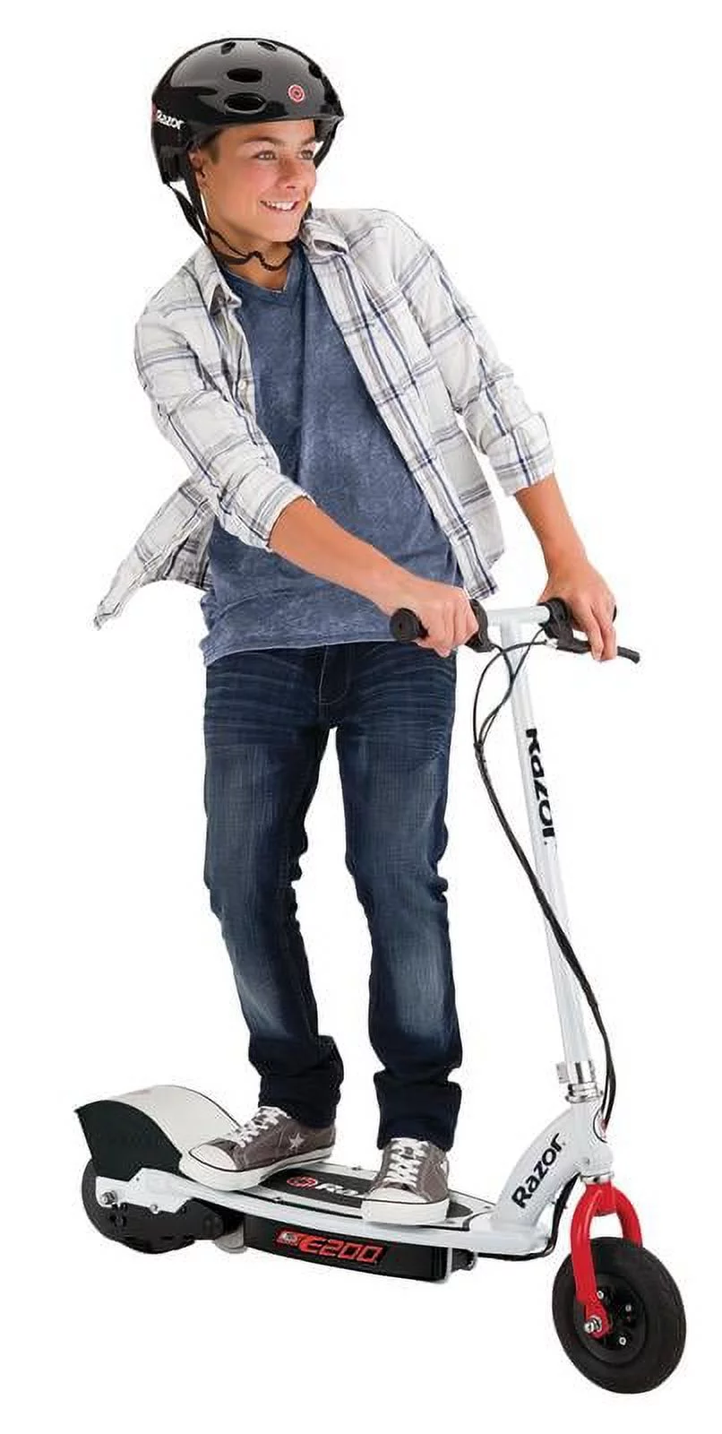 Razor E200 Electric Scooter - White, for Ages 13+ and up to 154 lbs, 8" Pneumatic Front Tire, 200W Chain Motor, Up to 12 mph & up to 8-mile Range, 24V Sealed Lead-Acid Battery