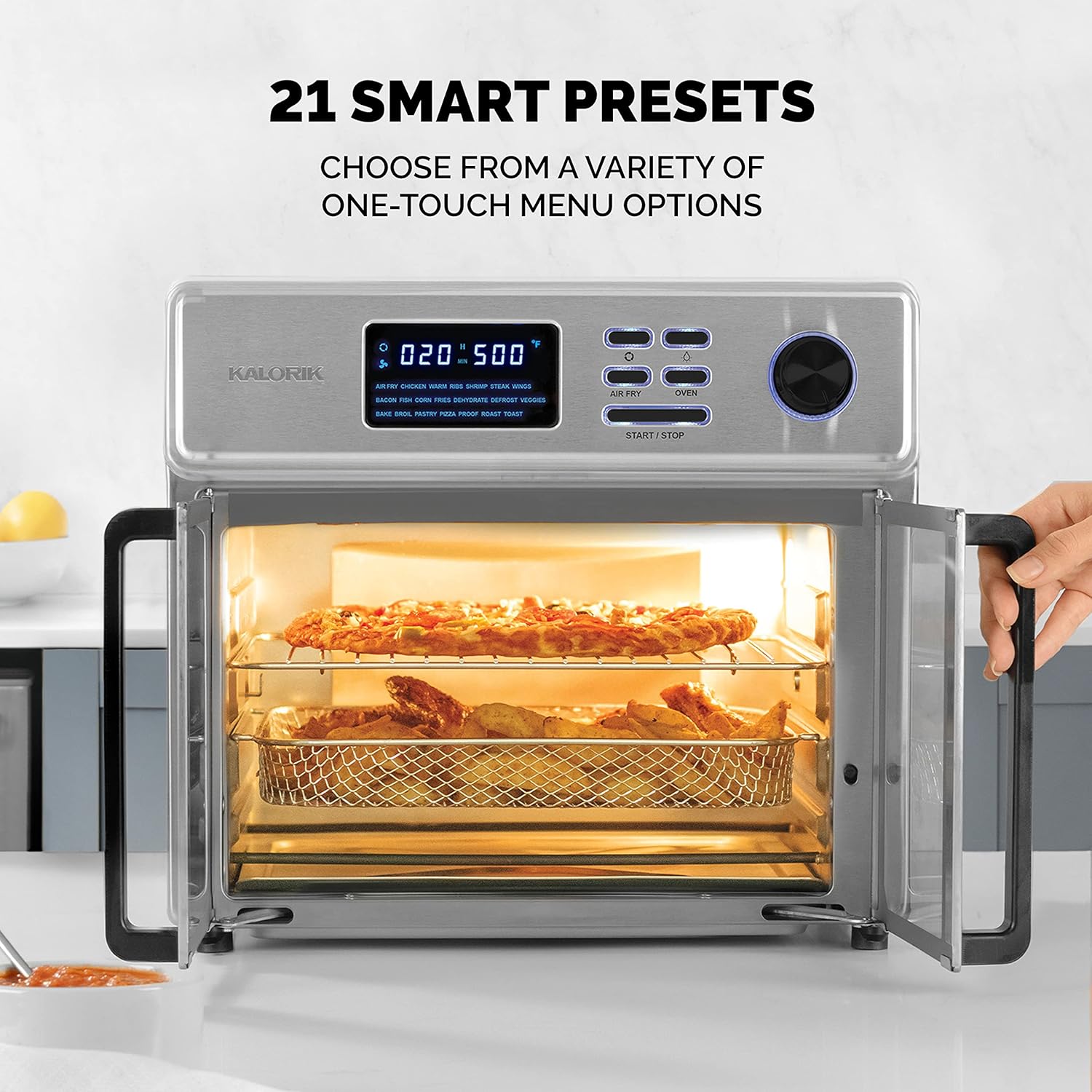 Kalorik MAXX® Complete Digital 26-Quart 10-in-1 Countertop Air Fryer Oven, 15 Deluxe Accessories & 60-Recipe Hardcover Cookbook, 21 Presets, 1700W, Stainless Steel, AFO 50253 OW