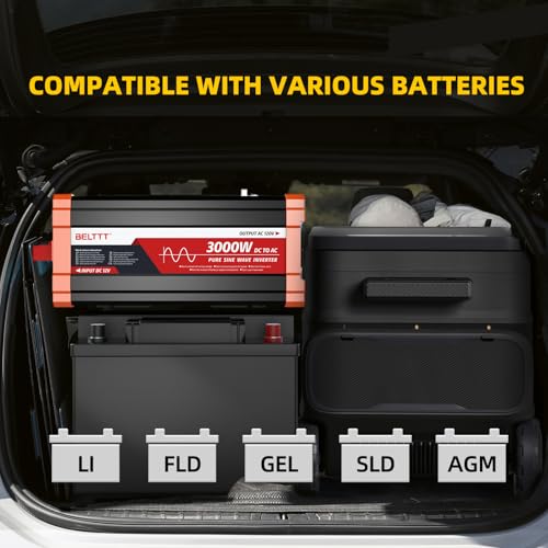 BELTTT 2000W Pure Sine Wave Inverter, Car Power Inverter 12V to 120V AC Converter for RV, Truck, Solar, Outdoor with Dual AC and 20A Socket, 5V 2.1A USB, Surge 4000W, Hardwire Port, Remote Controller