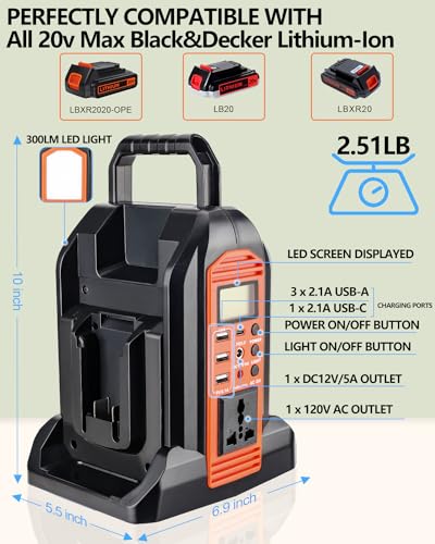 350W Power Inverter for Black+Decker 20v Battery, 4-Ports DC 20V to AC 110-120V Battery Inverter with 3 USB-A Port, 1 USB-C Port,300lm LED Light for Outdoors Camping Travel Emergency(Tool Only)