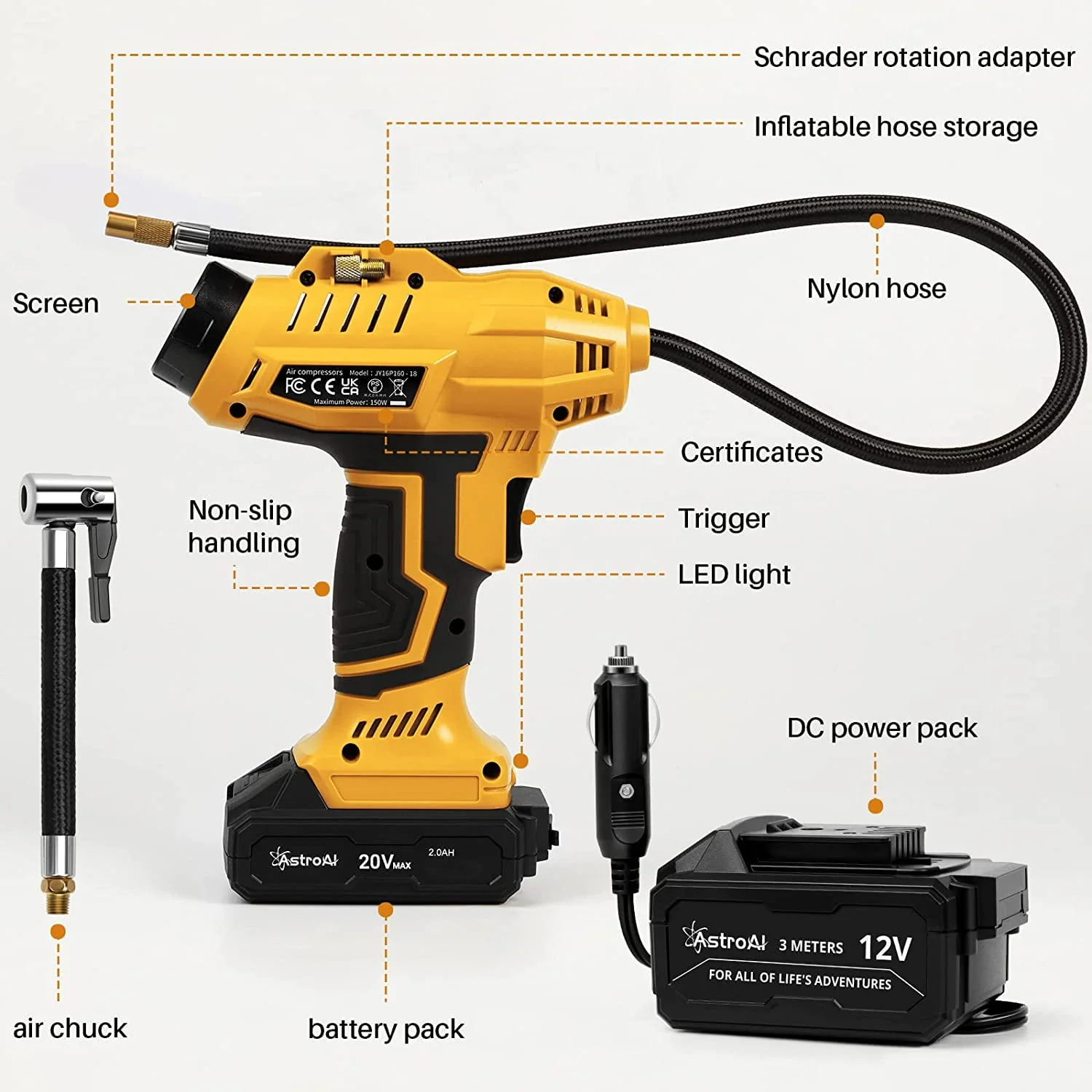 Car Auto Tire Inflator, 160 PSI Cordless Car Air Pump, with 20V Rechargeable Battery, Yellow, for Gift