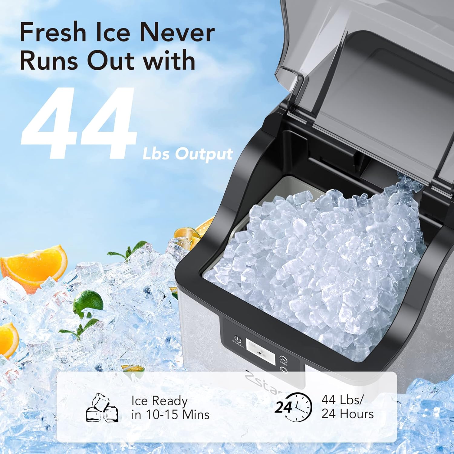 Nugget Ice Maker, Stainless Steel Countertop Ice Machine with 44Lbs/24H Output, Crunchy Sonic Ice Maker Machine, Self-Cleaning Portable Ice Maker with Freestanding Ice Scoop for Home,Office,Bar