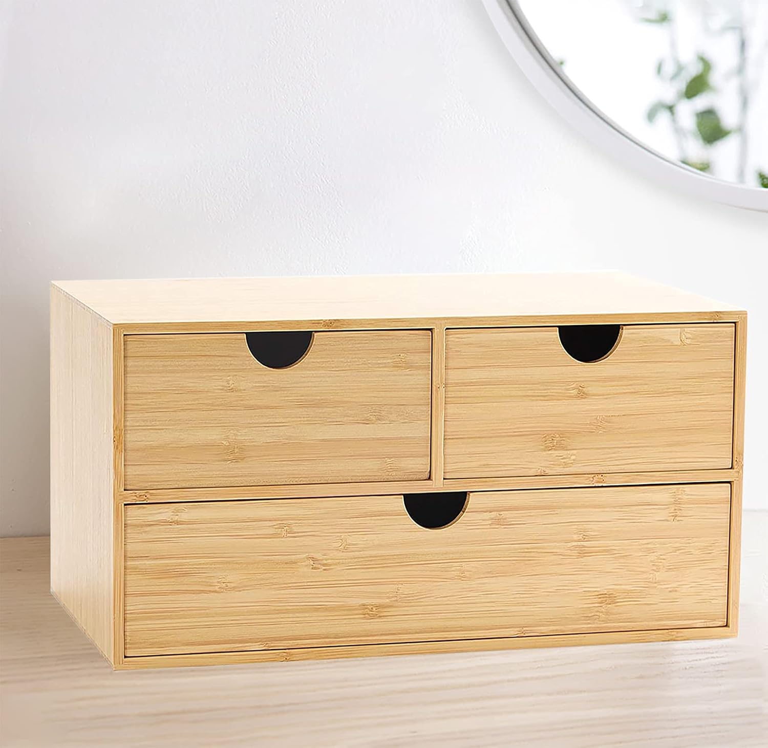 Wisdture Mini Storage Box with Drawers,Practical Office Storage Bins,Bamboo Desk Sets and Accessories Suitable for Office,Bedroom,Dressing Table,Large Desk Organizer(3 Drawer with Tall Drawer)