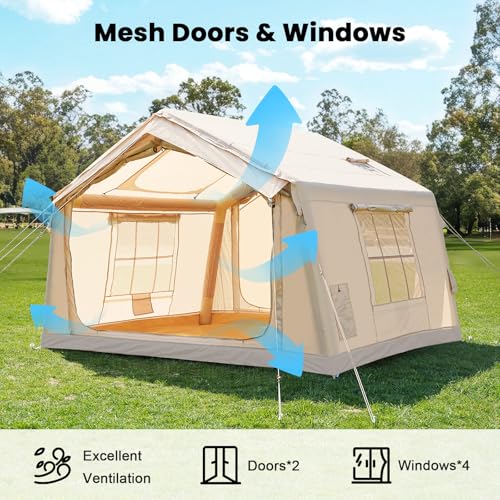Inflatable Tents for Camping, Blow Up Tent with Hand Pump, Easy Setup Inflatable Hot Tent with Stove Jack, Waterproof Oxford Air Glamping Tents for Camping Adult 4-6 Person
