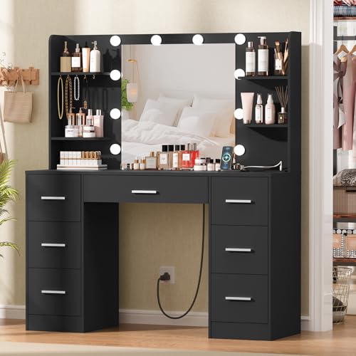 Quimoo Large Vanity Desk with LED Lighted Mirror & Power Outlet,Makeup Vanity Table with 7 Drawers,4 Shelves and 5 Hooks,Vanity Table, Vanity Desk Set for Bedroom,Bathroom,White