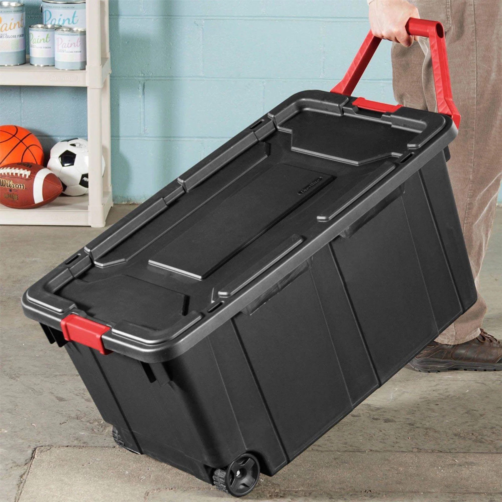 Sterilite Durable 40 Gallon Wheeled Industrial Storage Tote, Black (8 Pack)
