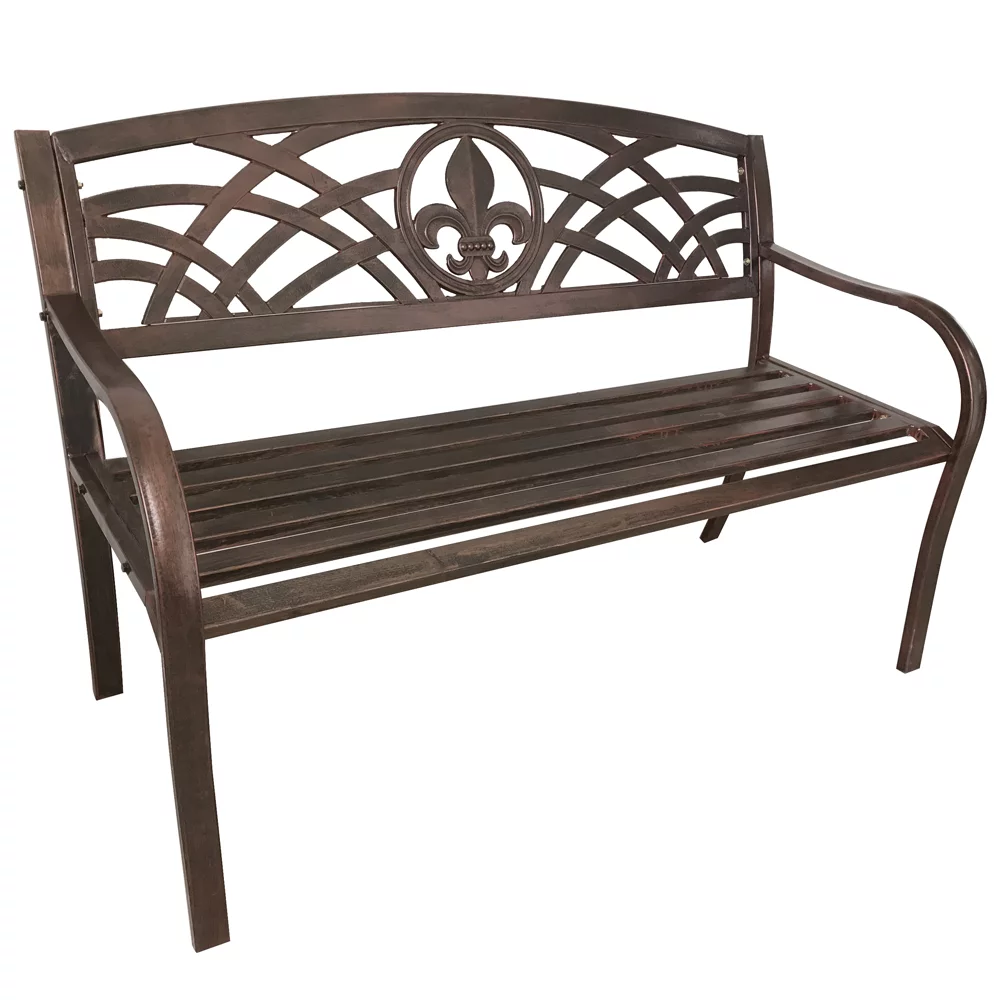 Leigh Country Outdoor Metal Patio Bench with Fleur-De-Lis - Bronze