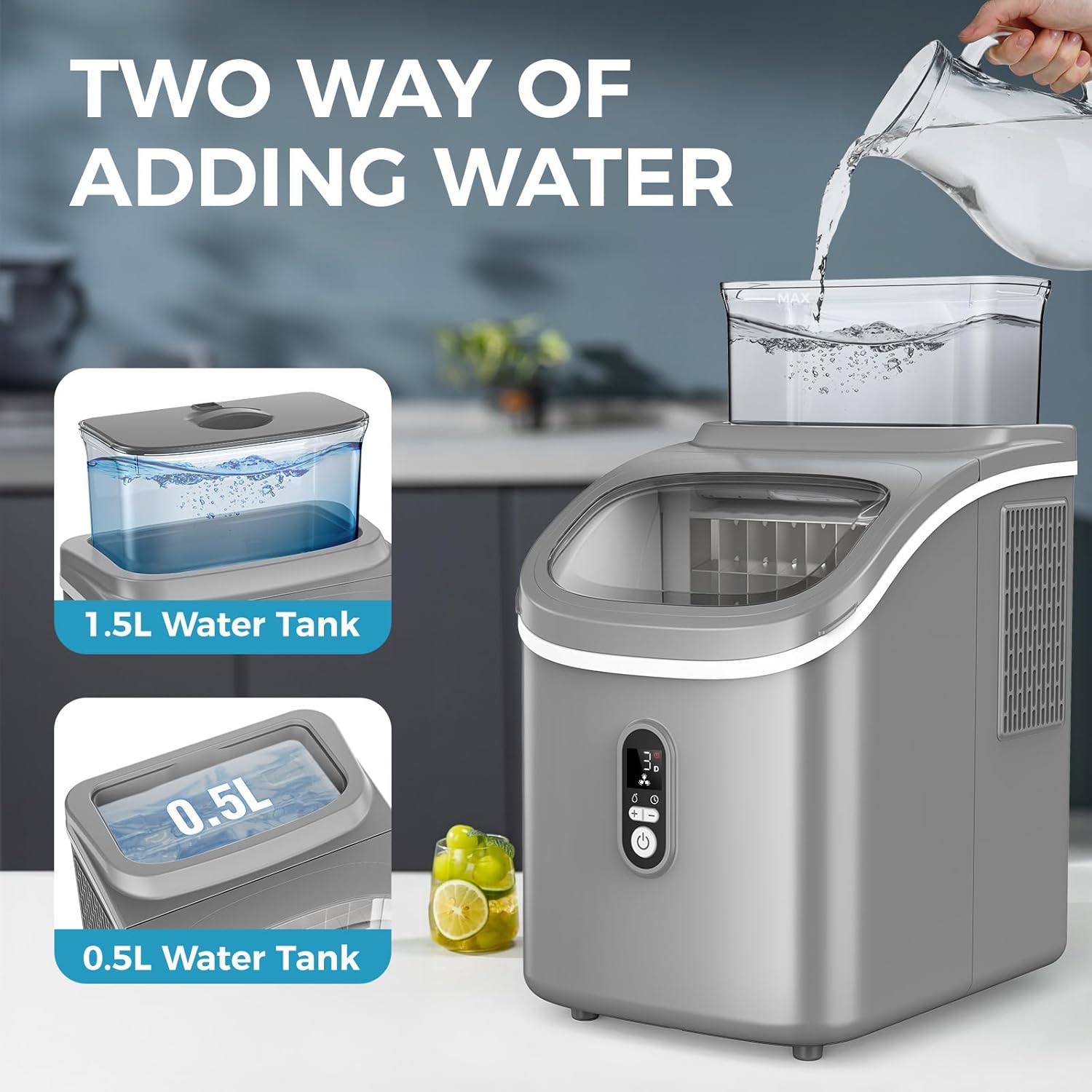 COWSAR Countertop Ice Maker, 30LBS/24H Portable Ice Machine with Top External Water Tank, Self-Cleaning Function, 16 pcs Ice Cube/13 Mins, Ice Scoop and Basket Perfect for Home, Party, Office, Gray