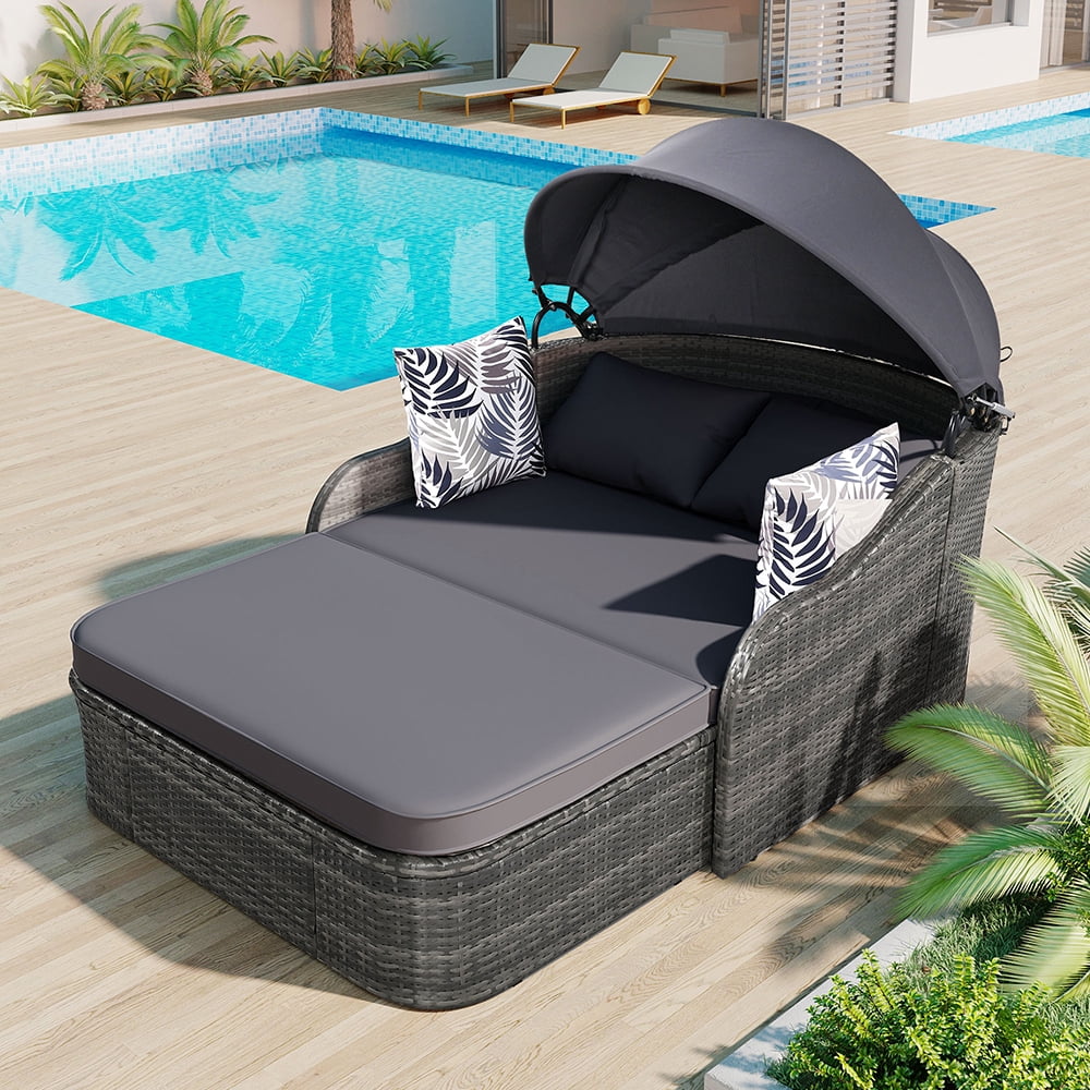 Churanty Outdoor Sunbed with Adjustable Canopy for Two Person Patio Chaise Double Lounger for Beach Backyard,Gray