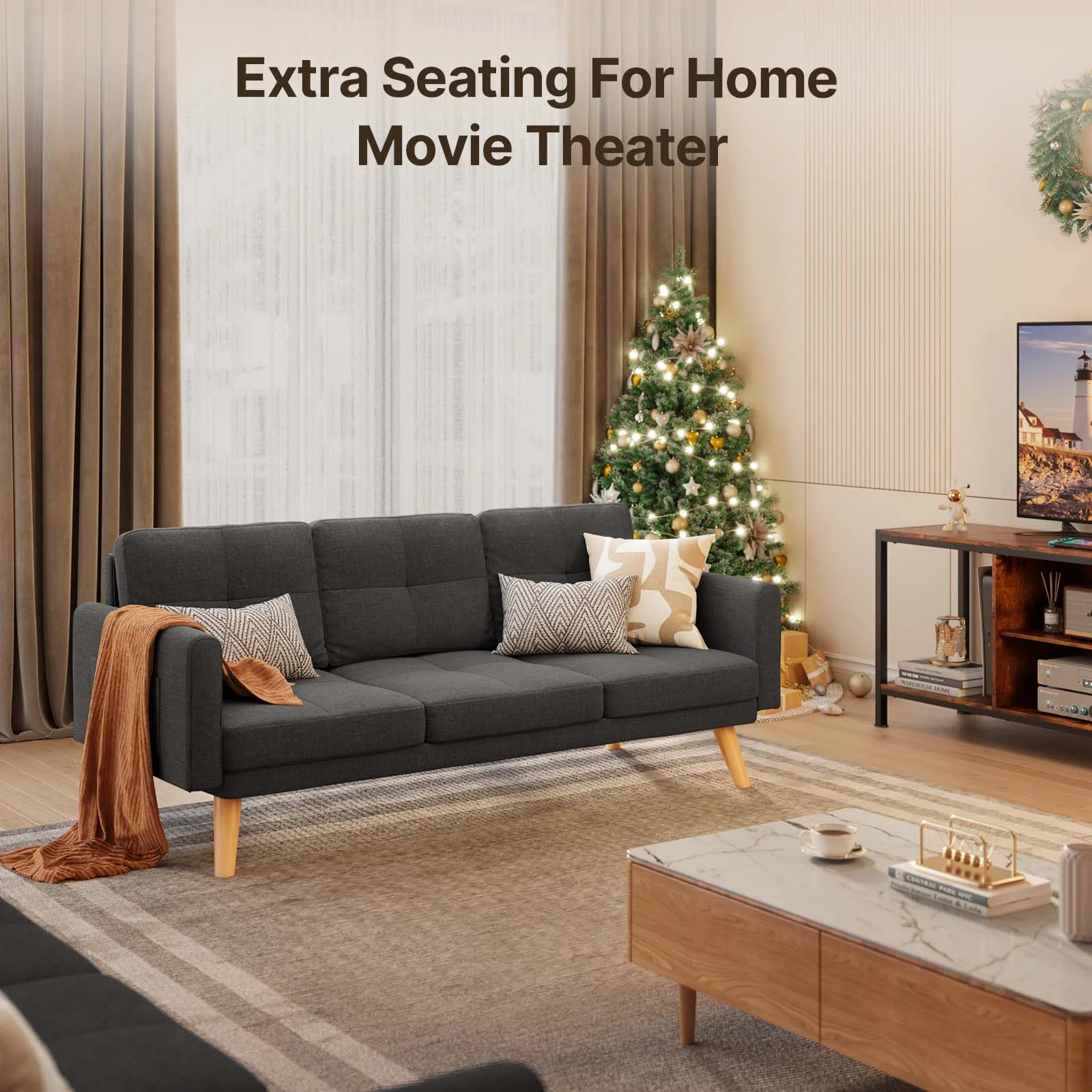 Lofka Futon Sofa Bed, Modern Sofa and Upholstered Couch with Curved Arm, Dark Gray