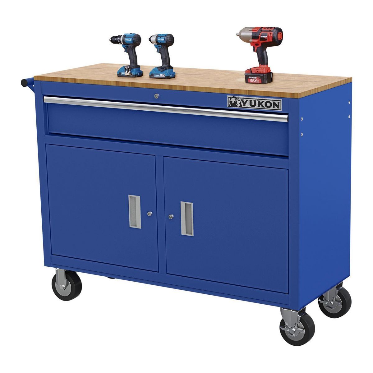 YUKON 46 in. Mobile Workbench with Solid Wood Top, Red