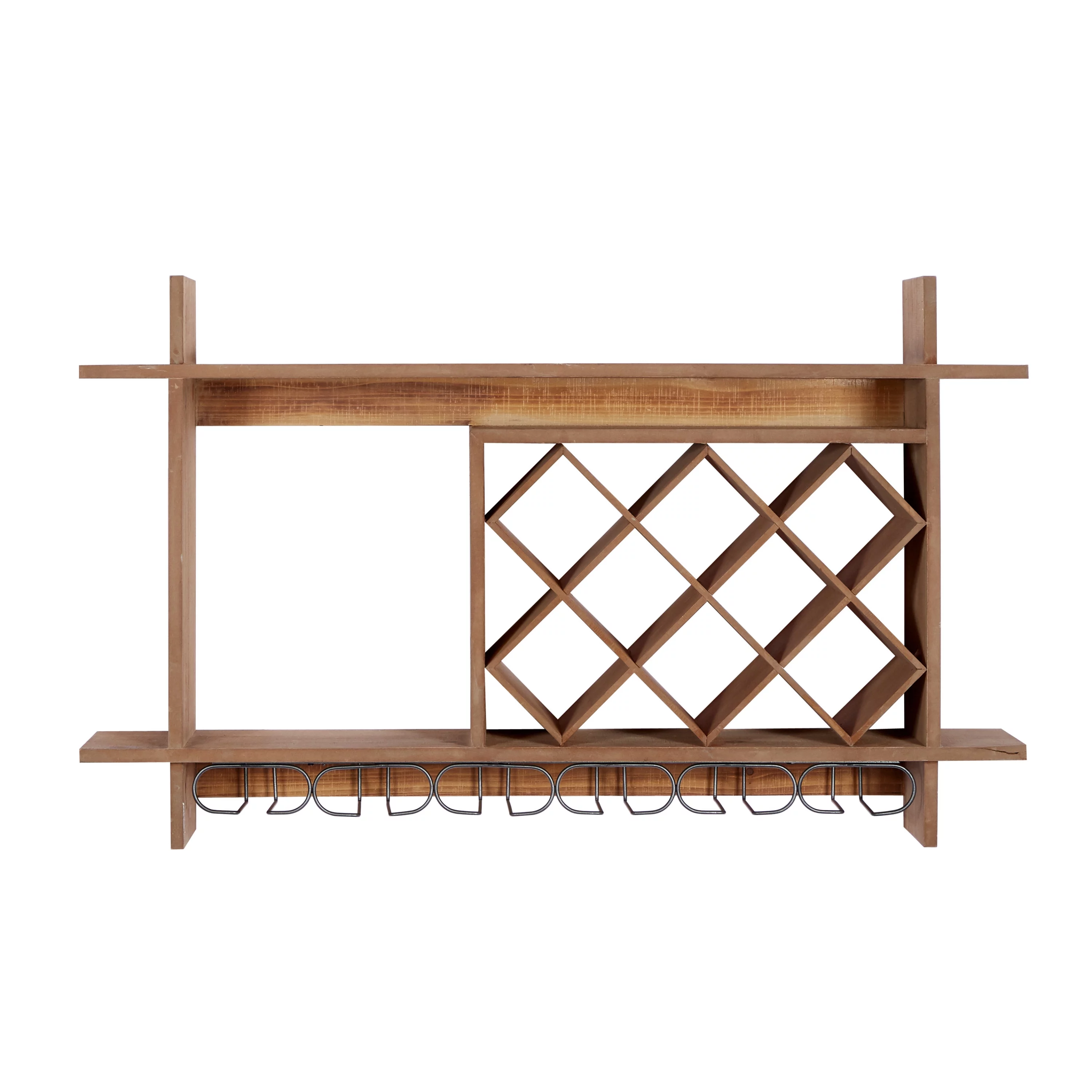 DecMode 34" x 20" Brown Wood Geometric 8 Bottles Wall Wine Rack with 6 Glass Holder Slots, 1-Piece