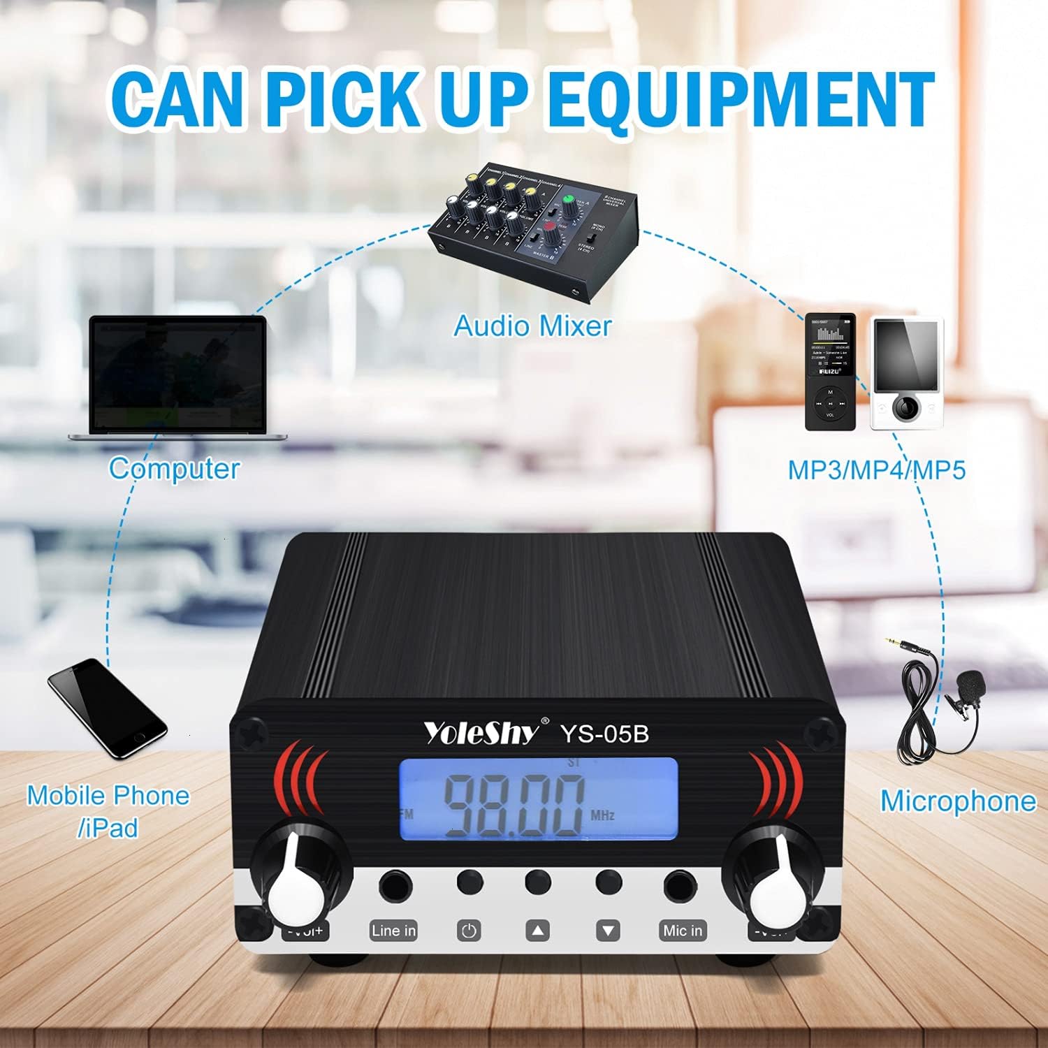 YoleShy 0.5W YS-05B FM Transmitter for Church Parking Lot, Digital LCD FM Broadcast Transmitter, Long Range Mini Radio Stereo Station with Antenna, Microphone, 87.5-108MHz, FCC Part15 Certified, Black