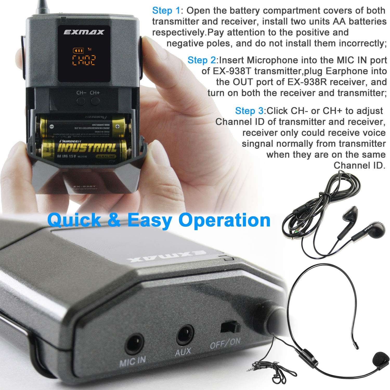 EXMAX EX-938 Wireless Headset Microphone Tour Guide System Interpreter Transmitter Translator in Your Ear for Church Translation Simultaneous Interpretation (1 Transmitter 10 Receivers & Storage Case)
