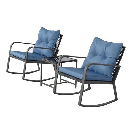 3 Piece Rocking Bistro Patio Set, Outdoor Rocking Chair, Outdoor Bistro Sets Wicker Patio Furniture Rocking Chairs Sectional Couch with Tempered Glass Top Coffee Table & Cushions, Dark Blue