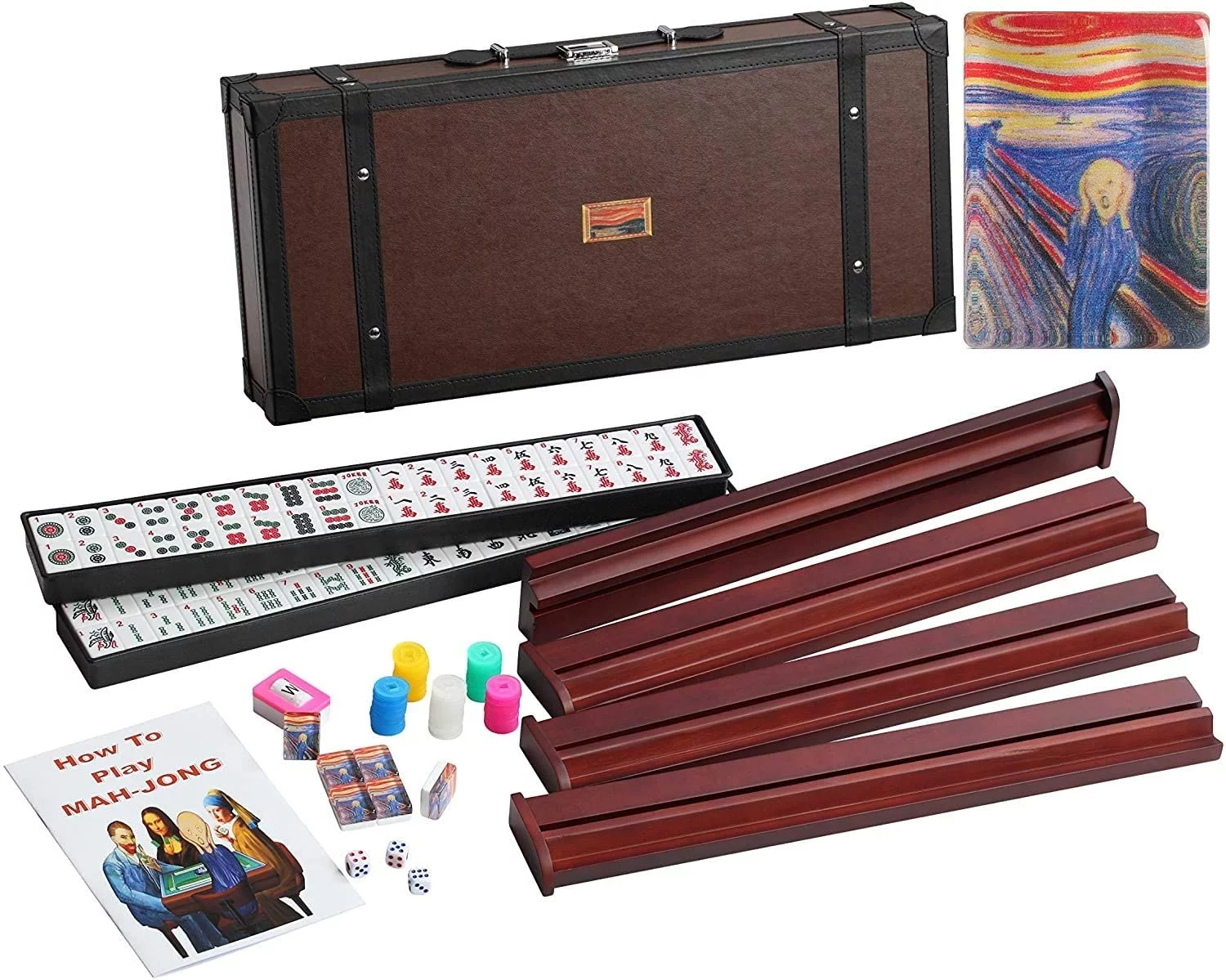 166 American Mahjong High-End Mahjong Suitcase Limited Edition Embedded Masterpiece Background 4 Wooden Pushers + Racks 166 Numbered Tiles Complete American Mahjong Set in Leather Suitcase Van Gogh - Curated Treasures Market