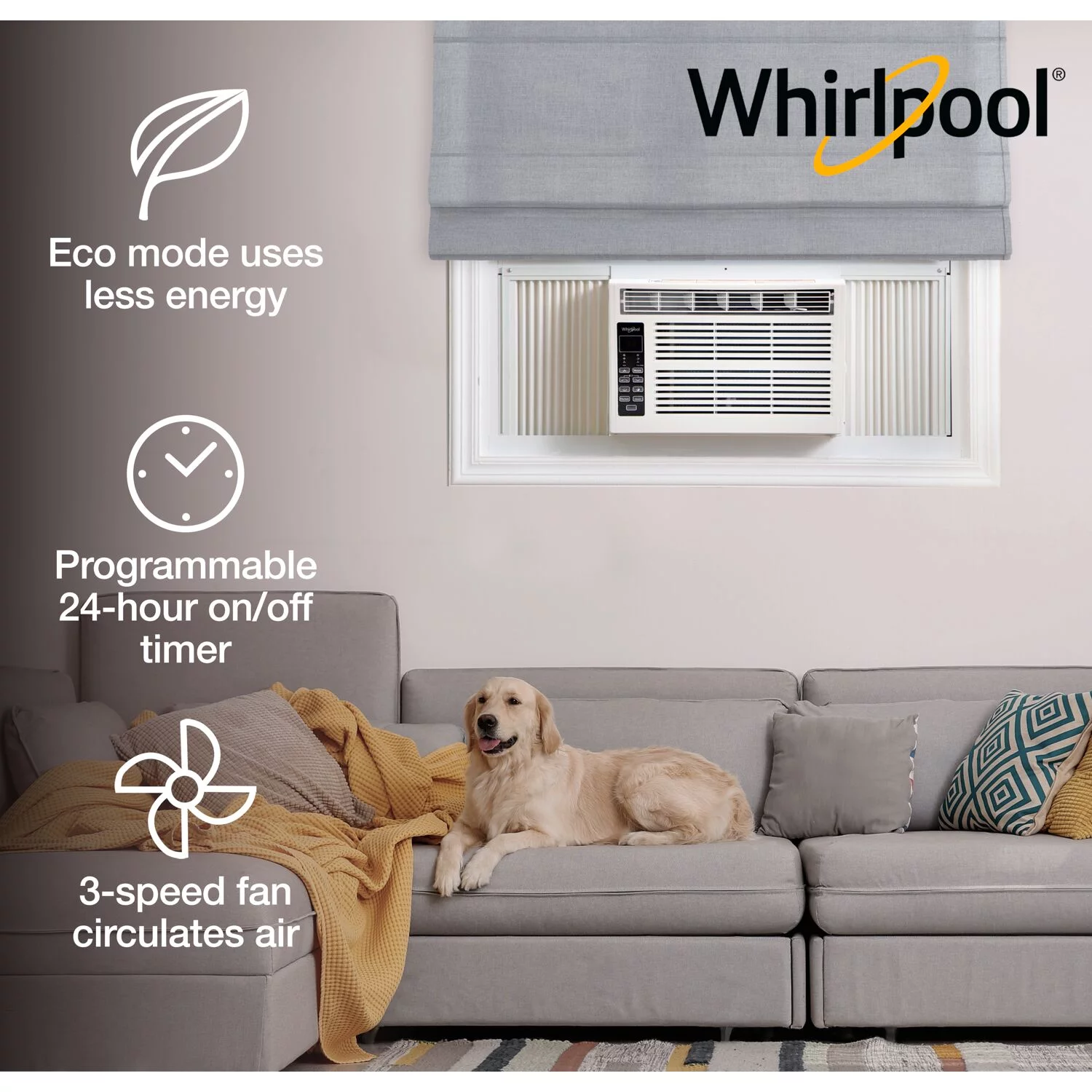 Whirlpool Energy Star 6,000 BTU 115V Window-Mounted Air Conditioner with Remote Control | Digital Display | Dehumidifier | 24H-Timer | Cooling for Living Room, Bedroom, Areas up to 250 Sq.Ft
