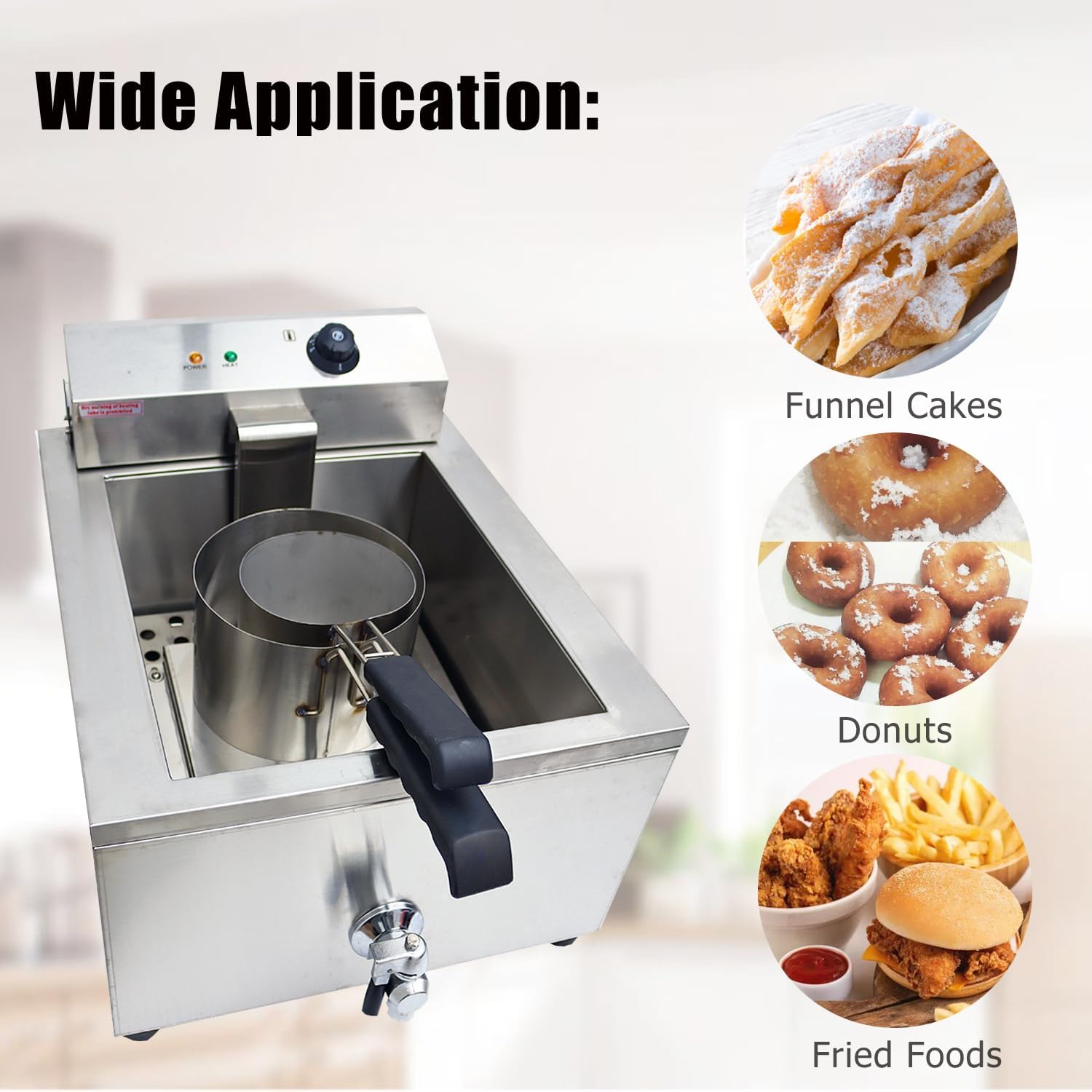 110V Industrial Shallow Funnel Cake Deep Fryer Stainless Steel Single-cylinder with 2 Rings