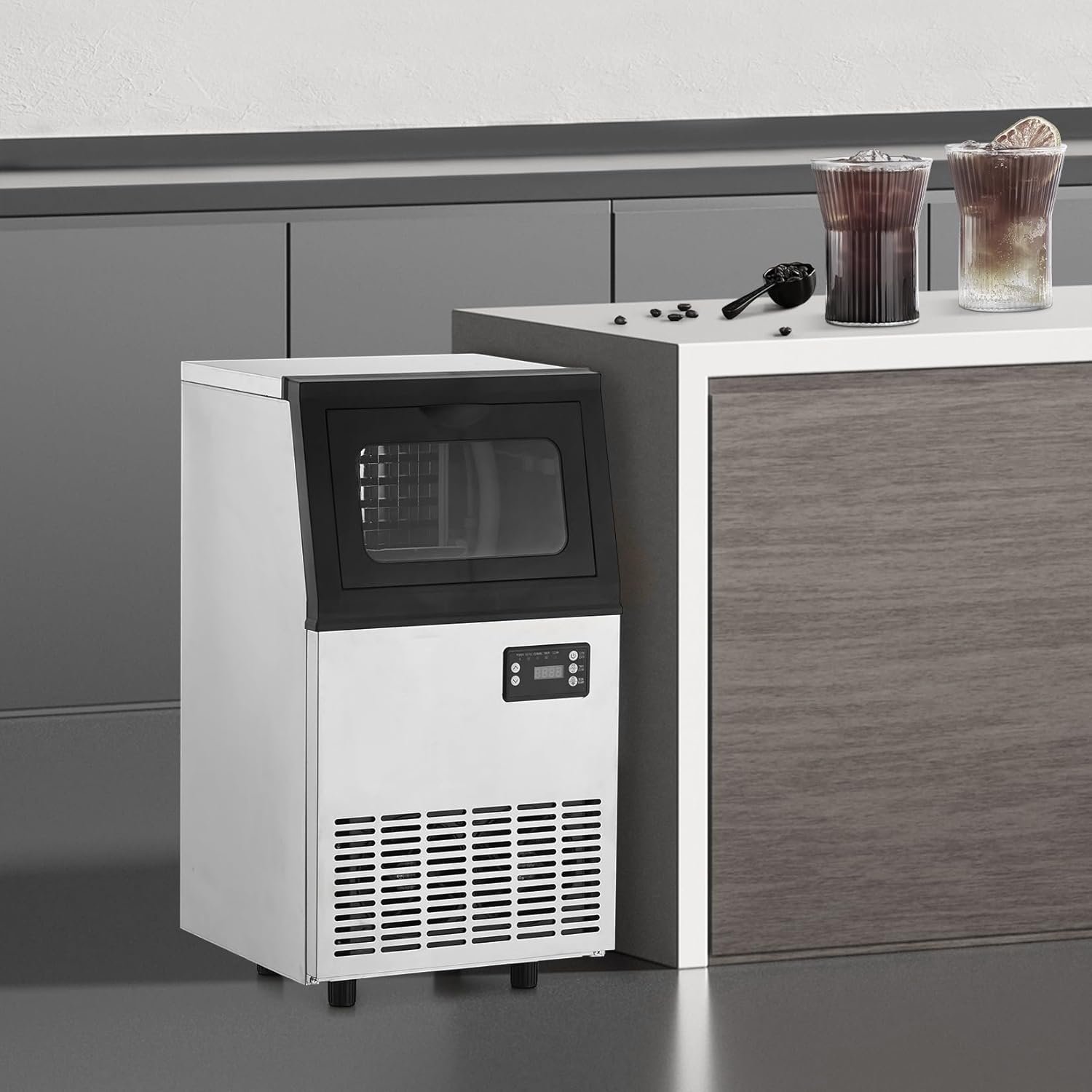 Commercial Ice Maker Machine, 110LBS/24H with 18LBS Bin Stainless Steel Automatic Operation Commercial Ice Machine for Home Bar, Include Water Filter, Scoop, Connection Hose