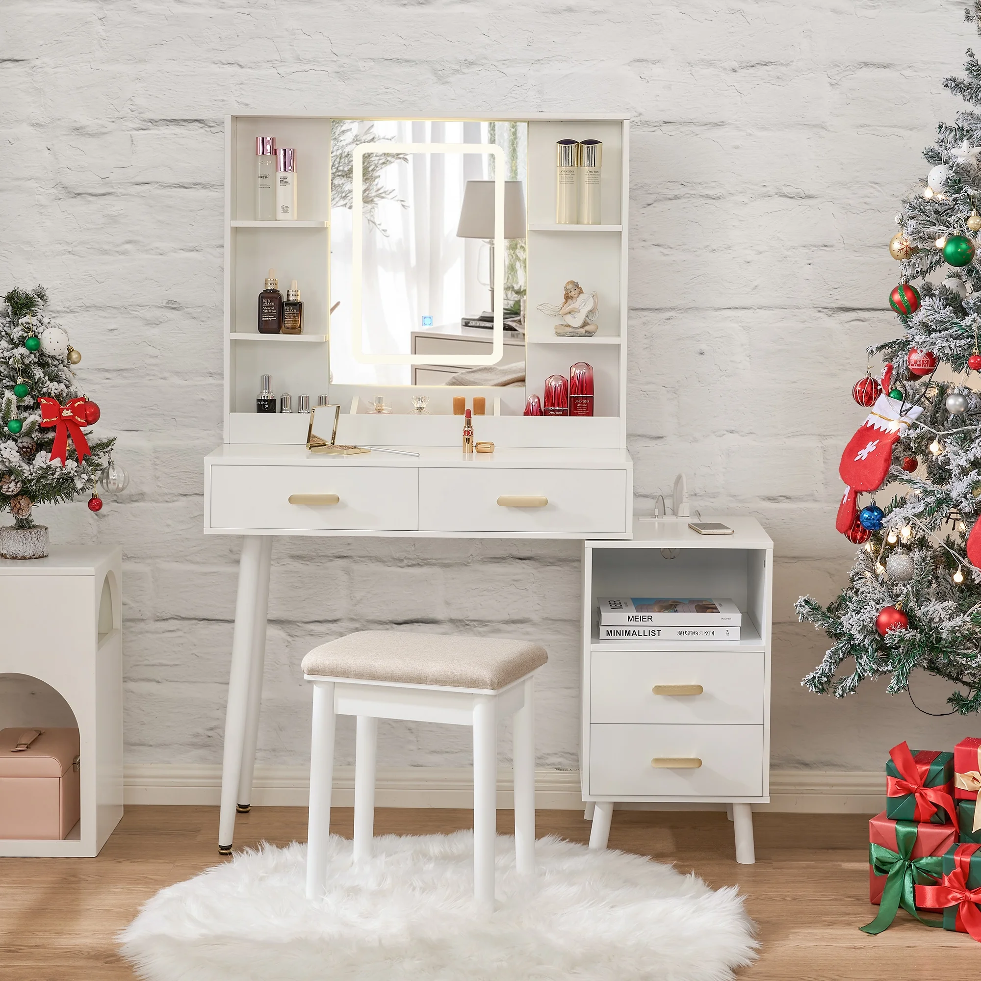 BEWISHOME Vanity Desk with Mirror and Lights, Makeup Vanity with Lights, White Vanity with Charging Station & Cabinets, Makeup Desk Vanity Table with 3 Colors Modes, Dressing Table Vanity Set FST18W