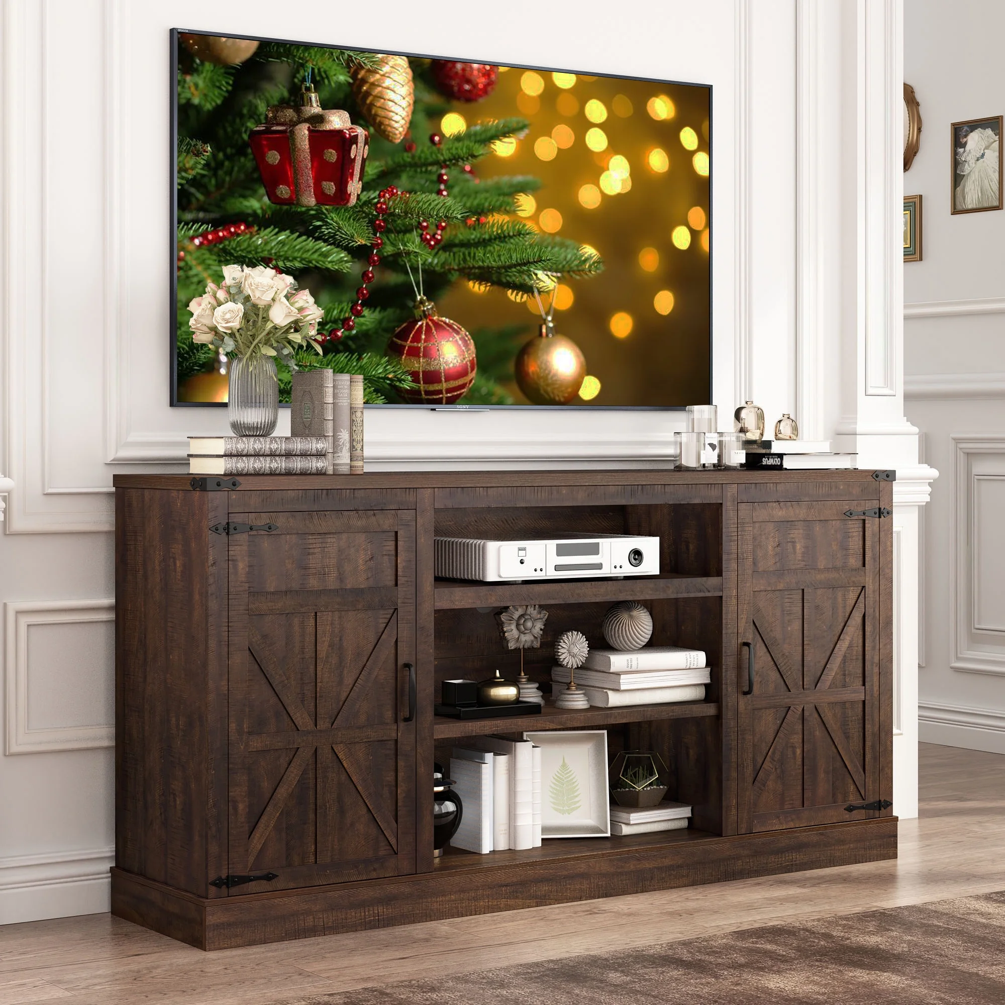Chvans Farmhouse Barn Door TV Stand for up to 65 TVs /23 Electric Fireplace, Entertainment Center Console Table with Adjustable Shevles(58)