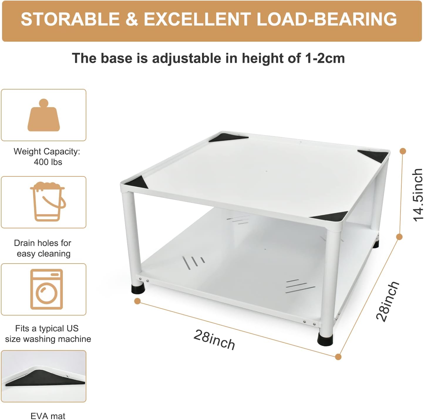 Laundry Pedestal 28", Adjustable Height Metal Steel Base with Storage Shelf, Universal Fit Pedestal for Washer and Dryer, 28 x 28 x 14.5 Inch (White)