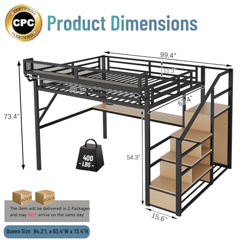 Full Size Loft Bed with Stairs and Storage, Metal Loft Bed Frame with Bedside Shelf and Large Under-Bed Space, Heavy-Duty Bed for Adults Teens and Kids, Black