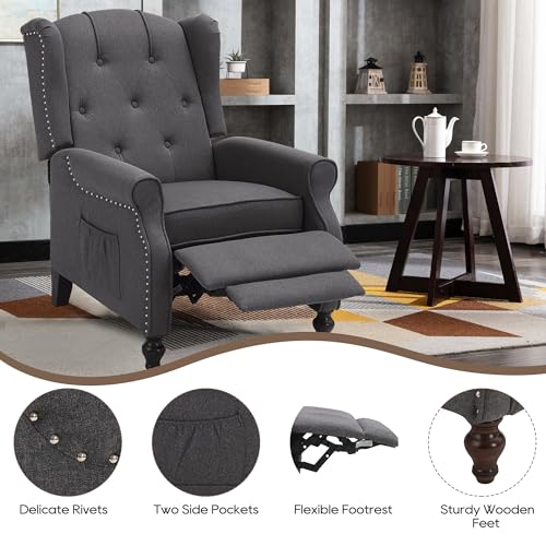 Wingback Recliner Chair with Massage and Heat, Tufted Fabric Pushback Recliner Chair, Wingback Chair with Remote Control, Padded Cushion, Wooden Legs, Small Recliners for Small Spaces
