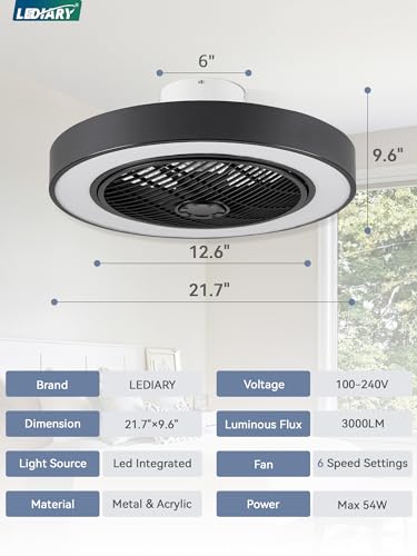 LEDIARY 20 Inch Low Profile Ceiling Fan with Light, Led Bladeless Ceiling Fan, Remote Control Enclosed Flush Mount Ceiling Fan with Timming, 3000-6500K, 6 Wind Speed, 2800LM, 62W…