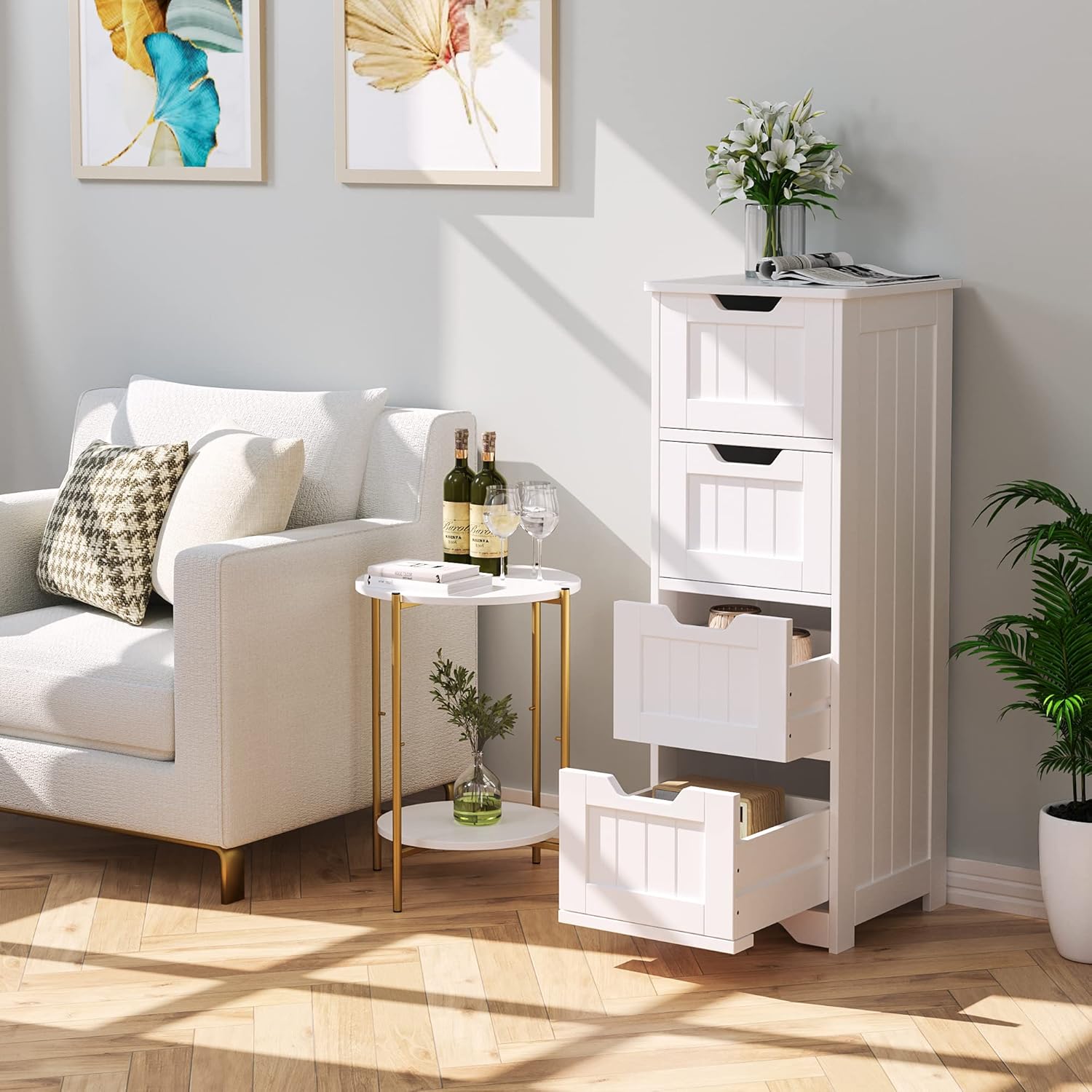 Bathroom Floor Storage Cabinet with 4 Drawers, 11.8 x 11.8 x 32.3 Inch Free Standing Entryway Cupboard Storage Organizer Unit for Home Multipurpose, White