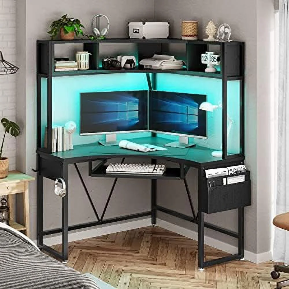 HOOMHIBIU Corner Desk  Small Computer Desk with Hutch &amp; LED Lights  Triangle Corner Computer Desk with Keyboard Tray   Bag  and Headphone Hook for Small Space  Small Office Desk  Rust