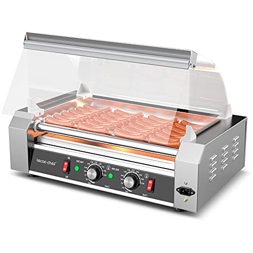 Leconchef Hot Dog Roller Machine Commercial Electric 7Roller Sausage Grill Hotdog Cooker Warmer Machine Stainless Steel with Dual Temp Control, Detachable Glass Cover and LED For Kitchen Canteen