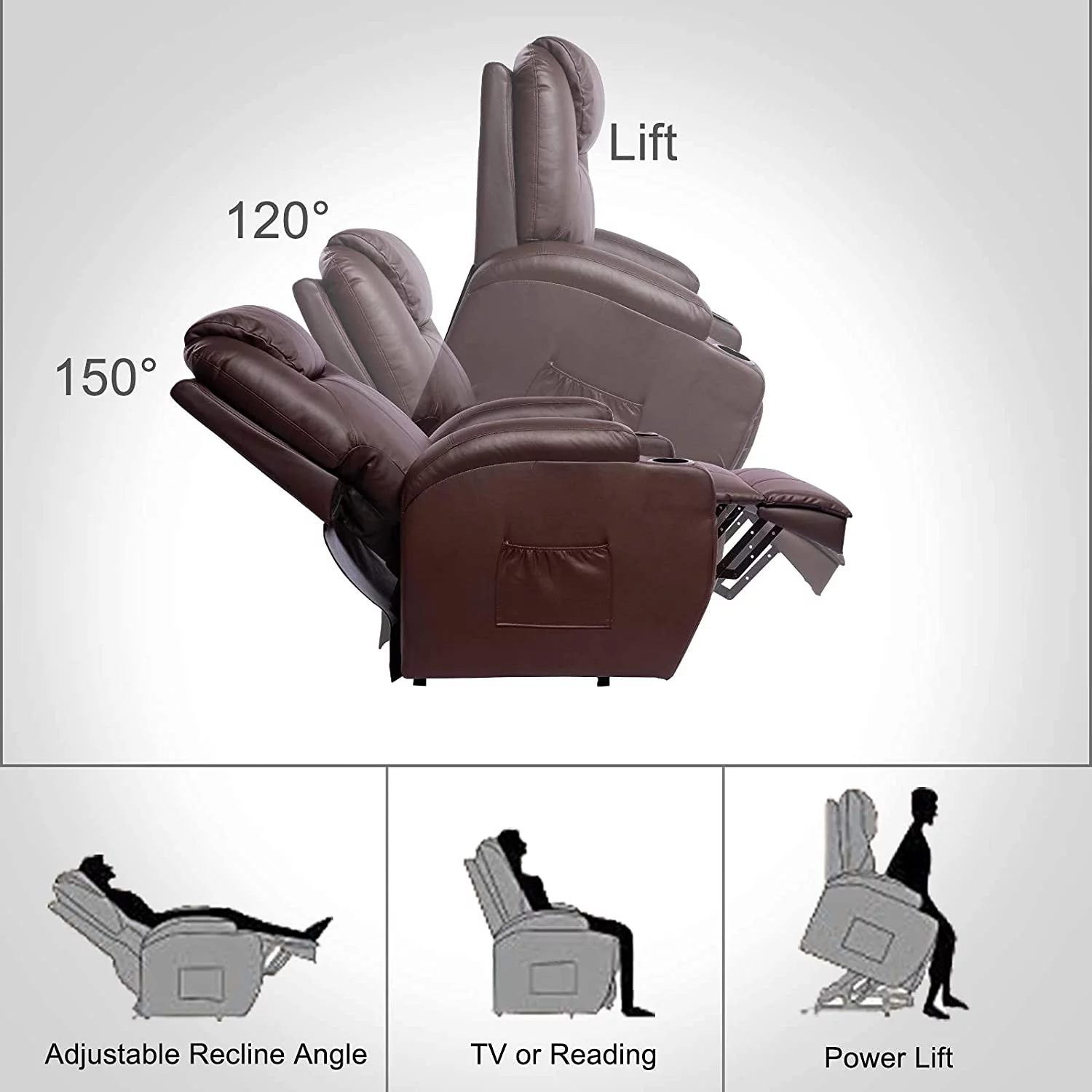 Polar Aurora Living Room Power Lift Massage Recliner Chair for Elderly PU Leather Heated Recliner Ergonomic Lounge Vibratory Massage Function with Cup Holders/Heating/Remote Control