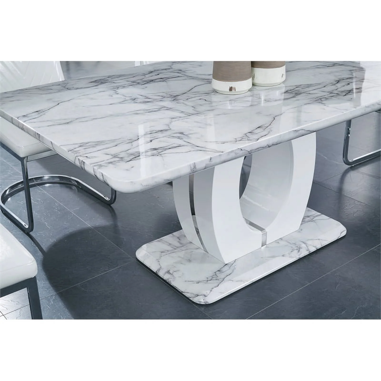 Pemberly Row Contemporary White Faux Marble Pedestal Base Dining Table